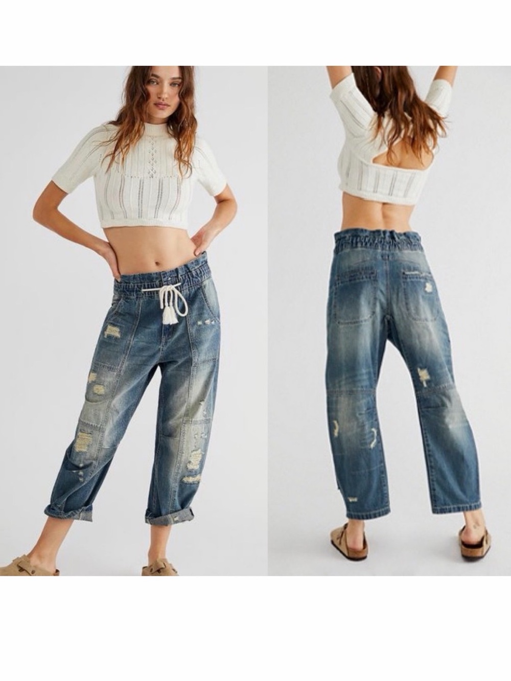 We the Free People “In my time”Distressed Drawstring Boyfriend Jeans - Blue